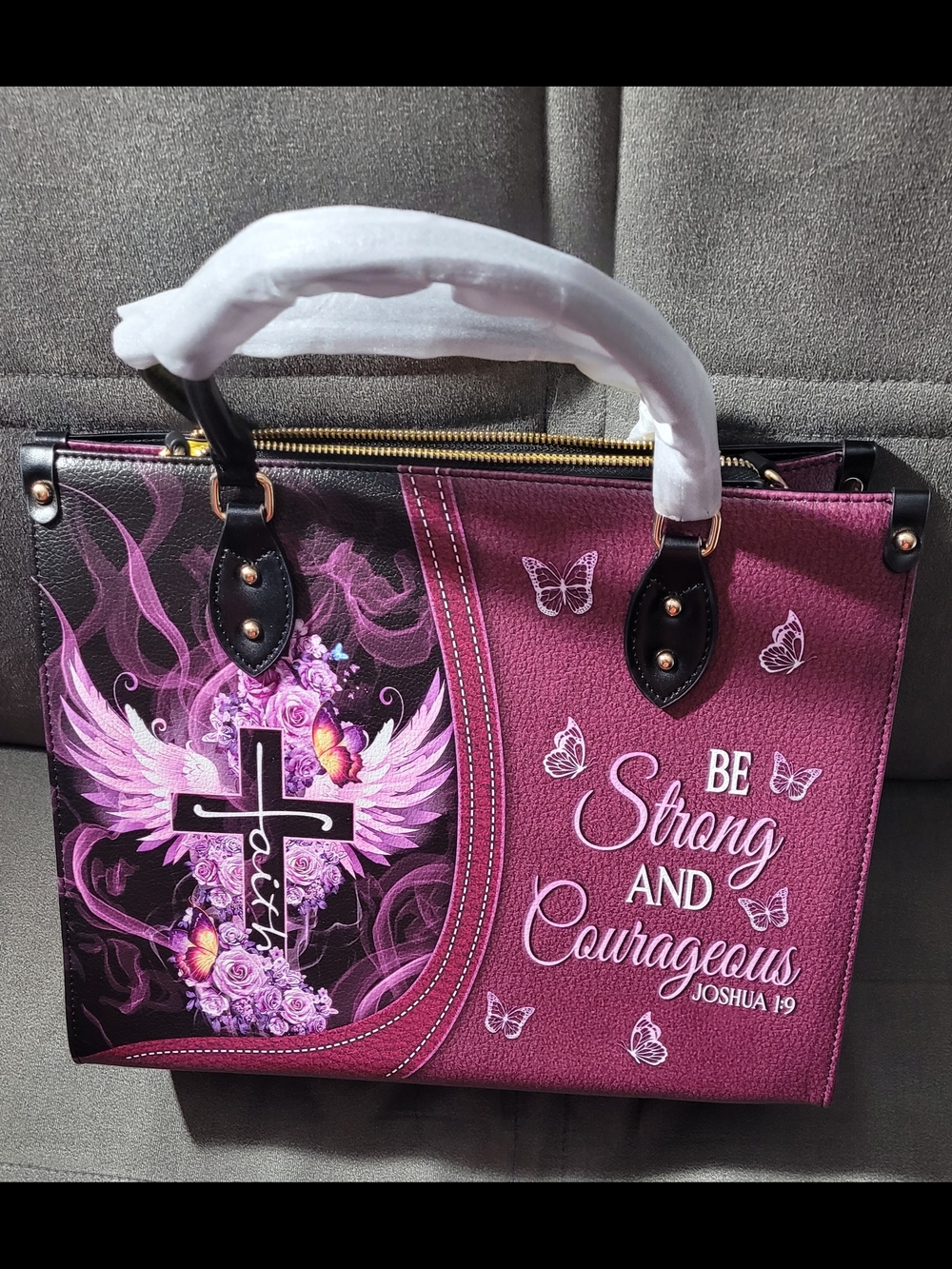 Be Strong and Courageous Purple Winged Cross Tote Bag NWOT